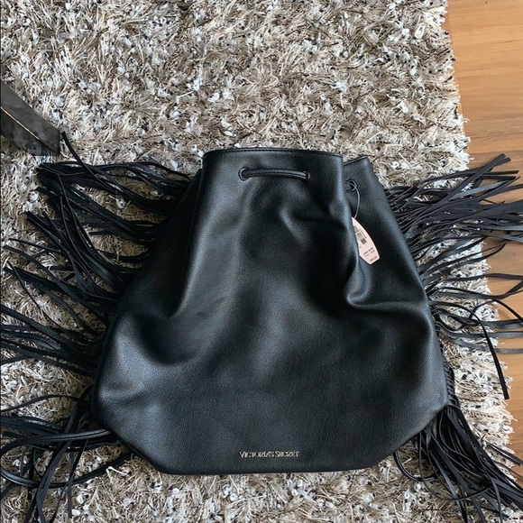 NEW Victoria's Secret fringe black drawstring bag - Picture 5 of 8